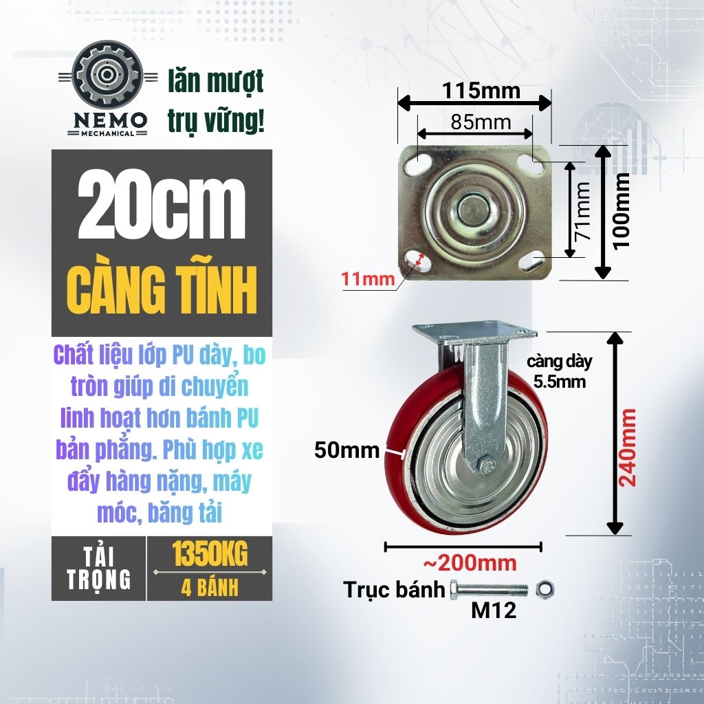 Bánh Xe PU Bo Tròn Tải Nặng – Kiểu Hàn Quốc, Xoay Hướng Linh Hoạt (D100 - D200)